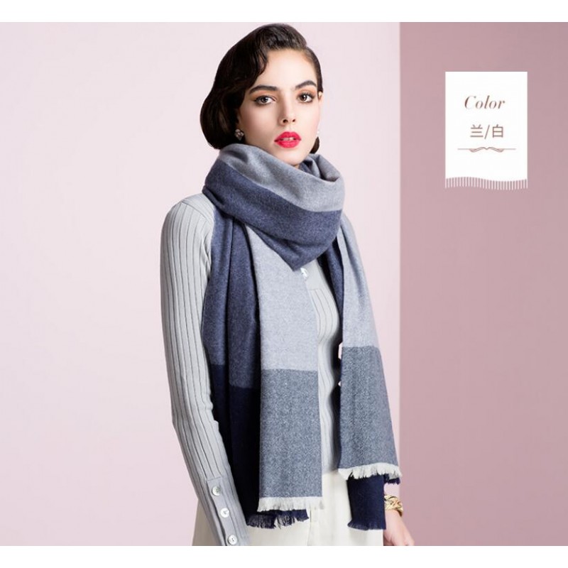 Pure Cashmere Scarf Women Blue Gray Big Plaid Fashional Winter Warm Scarf